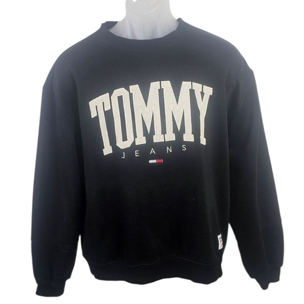 Tommy Jeans Black Spellout Crewneck Sweatshirt Men’s Small Logo Pullover